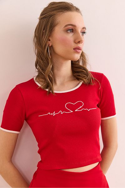 Olalook Damen-Bluse aus dehnbarer Baumwolle mit rotem Herz und Stickerei, BLZ- 19002906