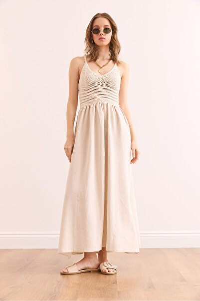 Olalook Γυναικείο εκρού μπλουζάκι με ανοιχτό λουράκι Midi φόρεμα ELB- 19002360