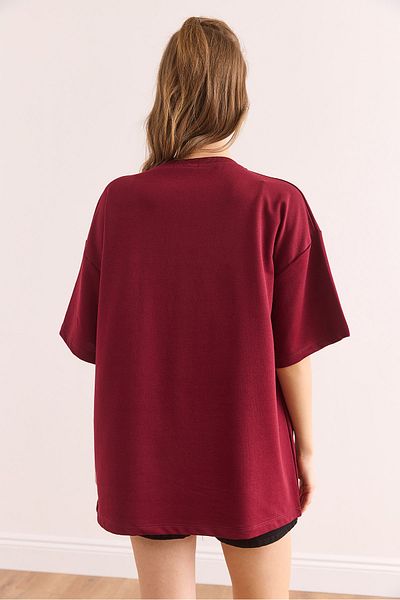 Olalook Tricou oversize cu 2 fire brodat pentru mama burgundy pentru femei TSH- 19000785