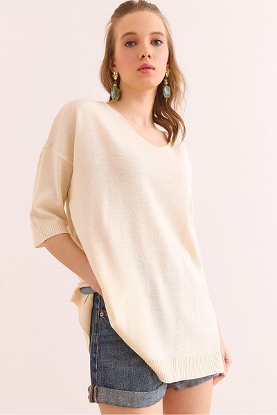 Olalook Women's Ecru V-Neck Short Sleeve Flowy Blouse Blz- 19002899