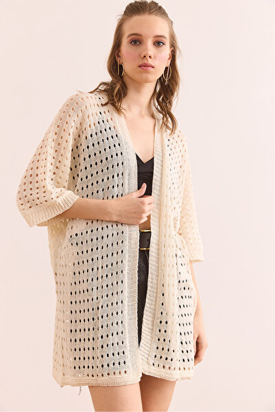 Olalook Γυναικεία εκρού ανοιχτή καλοκαιρινή πλεκτή ζακέτα HRK- 19000348