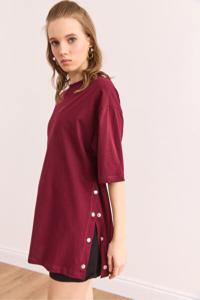 Olalook Γυναικείο μπλουζάκι από βαμβακερό μπορντό με κουμπιά στα πλαϊνά TSH- 19000762