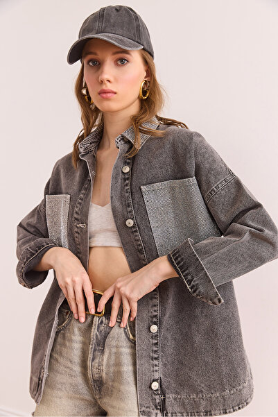 Olalook Women's Smoked Collar Pocket Stone Oversize Cotton Denim Shirt Gml- 19001309