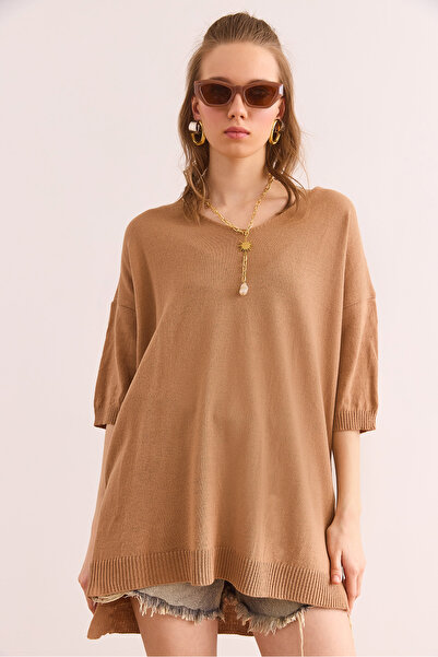 Olalook Γυναικεία μπλούζα με κοντό μανίκι Camel V λαιμόκοψη BLZ- 19002899