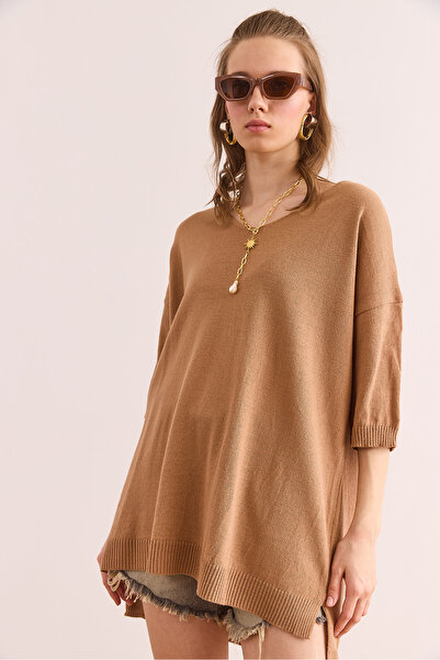 Olalook Γυναικεία μπλούζα με κοντό μανίκι Camel V λαιμόκοψη BLZ- 19002899