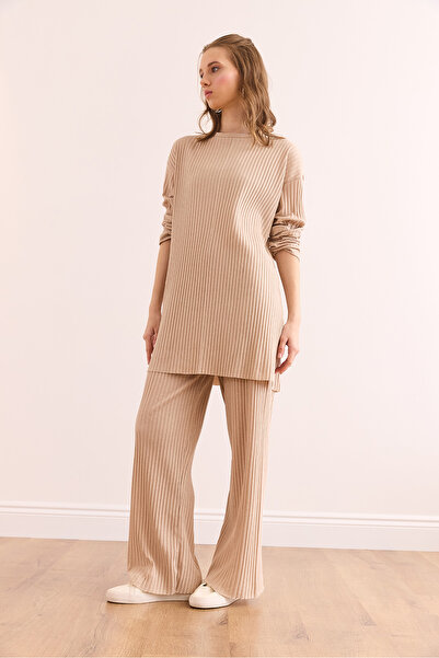 Olalook Kadın Taş Üst Yırtmaçlı Bluz Alt Palazzo Fitilli Takım TKM-19000180