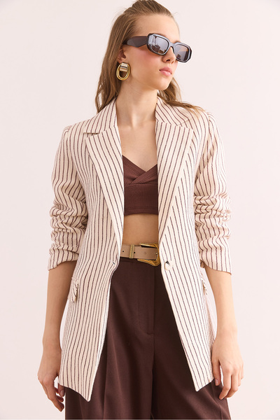 Olalook Women's Burgundy Muslin Striped Lined Blazer Jacket Ckt- 19000438