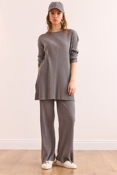 Olalook Damen Anthrazit Oberteil Schlitz Bluse Unterteil Palazzo Kordel Anzug TKM-19000180