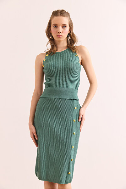 Olalook Women's Mint Green Button Detailed Bottom Top Knitwear Set Tkm- 19000367