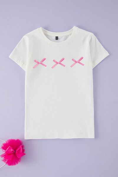 TRENDYOLKIDS Girls Ecru Cotton Ribbon Short Sleeve T-Shirt Tkdss25Ts00105
