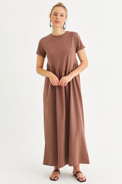 Cool & Modest Γυναικείο Μάξι Φόρεμα Milk Coffee με ασύμμετρη ραφή MDMR440