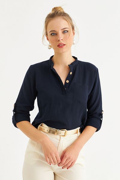 Cool & Sexy Navy Blue Buttoned Women's Ktet Gomkle Blouse - Bth17