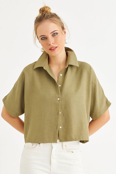 Cool & Sexy Γυναικείο Χακί κοντομάνικο Crop πουκάμισο CNG117