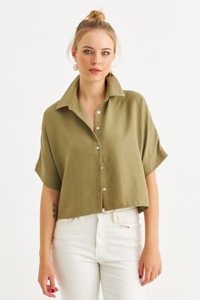 Cool & Sexy Γυναικείο Χακί κοντομάνικο Crop πουκάμισο CNG117