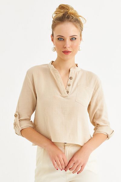 Cool & Sexy Women's Vanilla Buttoned Linen Shirt Blouse Bth17