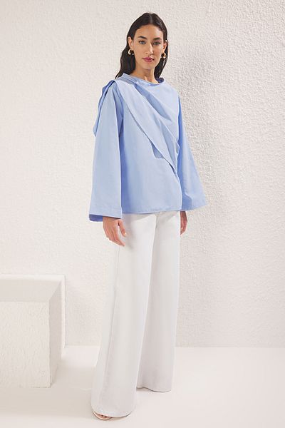 Trendyol Modest Blue Terrycotton Shawl Detailed Woven Tunic Tctss25Uk00012