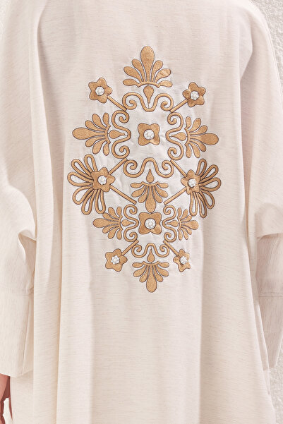 Trendyol Modest Beige Plain Linen Look Woven Kimono Kaftan with Embroidery Detail Tctss25Kk00001