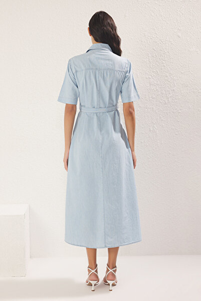Trendyol Collection Blue Belted Midi Denim Shirt Dress Twoss25El00748