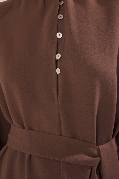 Trendyol Modest Tkané šaty z hnědé směsi lnu TCTSS25EB00117