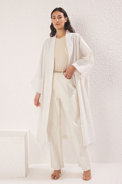 Trendyol Modest Beigefarbener, einfarbiger, gewebter Kimono-Kaftan in Leinenoptik mit Stickerei und detailliertem Detail TCTSS25KK00001