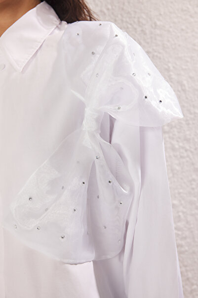 Trendyol Modest Cămașă țesătă cu fundă albă din bumbac TCTSS25TG00026