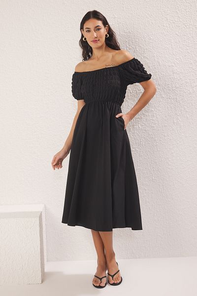 Trendyol Collection Black Waist Opening Carmen Collar Gipeli Midi Woven Dress Twoss25El00770