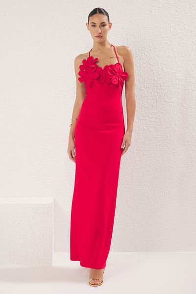 Trendyol Collection Rote Rose Detailliertes, gewebtes, langes, schickes Abendkleid, Nachtabendkleid TPRSS25AE00135