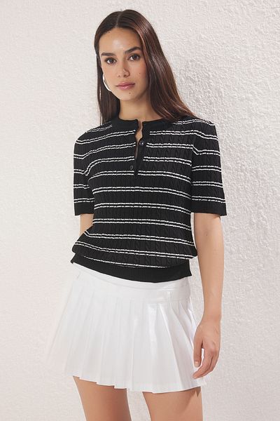 Trendyol Collection Black Short Sleeve Striped Knitwear Blouse Twoss25Bz00534