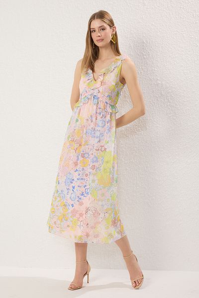 Trendyol Collection Light Pink Floral Skirt Waist Opening Ruffle Lined Chiffon Midi Flight Flight Dress Twoss25El00621
