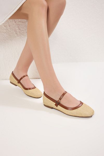 TRENDYOL SHOES Camel Knit Patterned Straw Square Toe Mary Jane Damen-Ballerinas TAKSS25BE00045