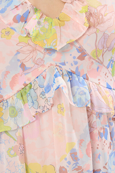 Trendyol Collection Light Pink Floral Skirt Waist Opening Ruffle Lined Chiffon Midi Flight Flight Dress Twoss25El00621