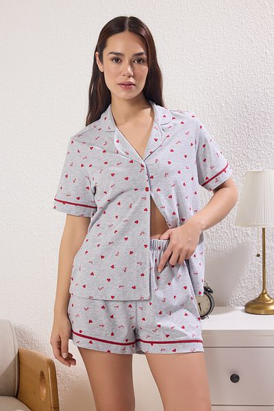 Trendyol Collection 100% Cotton Melange Heart Slogan Shorts Pajamas Set Gray Thmss25Pt00405