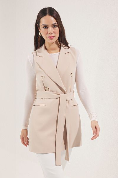 Trendyol Modest Beigefarbene, gewebte, gefütterte Weste mit Gürtel TCTSS23YL00029