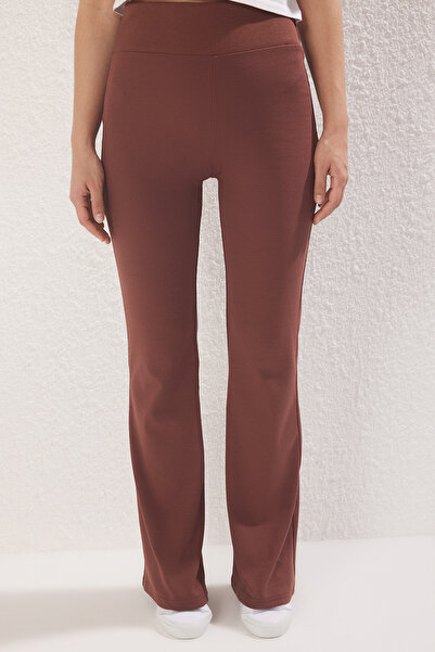 Trendyol Collection Hnědé BrokensWide Leg Flare - High Waist Interlock - Strečové pletené kalhoty