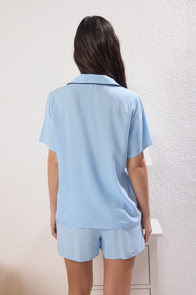 Trendyol Collection Blue Heart Embroidered Piping Detail Viscose Shorts Woven Pajama Set Thmss25Pt00002