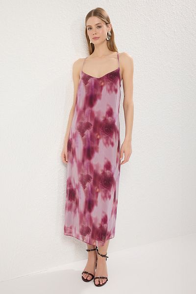 Trendyol Collection Burgundy Abstract Pattern A-Line Chiffon Flight Flight Woven Maxi Dress Twoss25El00437