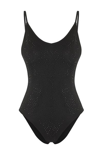 Trendyol Collection Schwarzer, normaler Badeanzug mit V-Ausschnitt und glänzendem Steindruck TBESS25MA00111