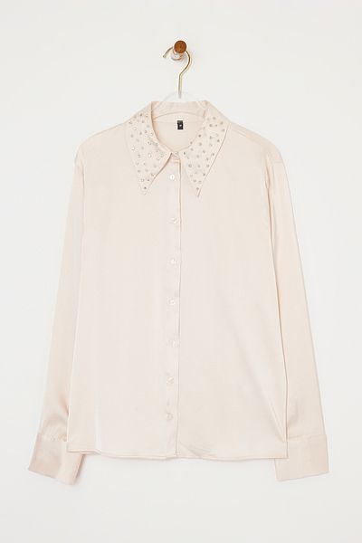 Edit by Trendyol Beige Collar Stone Detailed Woven Shirt Tedss25Tg00001