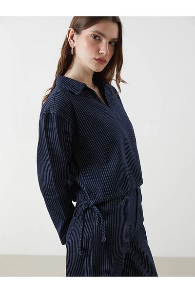 LC Waikiki Lcw Vision Indigo Shirt Collar Striped Crop Women's Jean Blouse