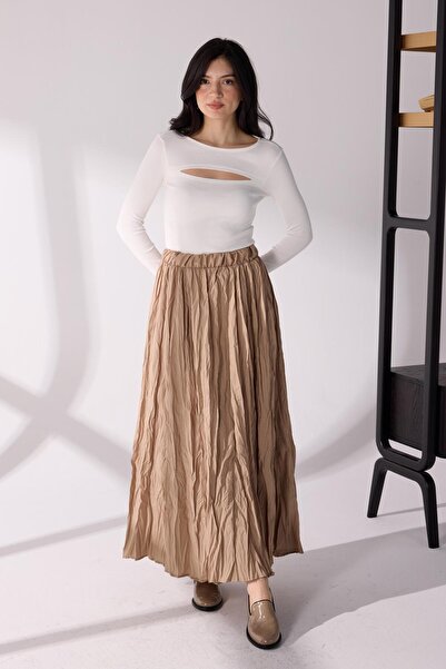 KASSEL Pileli Kırışık Kumaş Etek Bej