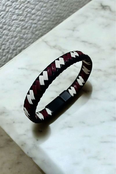 Birmem Men's Leather Magnet Cuff Bracelet and Hematite Natural Stone Bracelet
