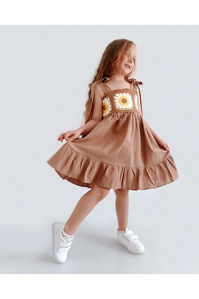 le petit sole Girl's Hand Knitted Detailed Linen Dress