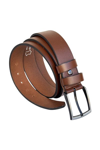 S.S SÜZER DERİ Tan Large Size Genuine Leather 4 Cm. Buckle Plain Model Men's Belt - 411-Battal