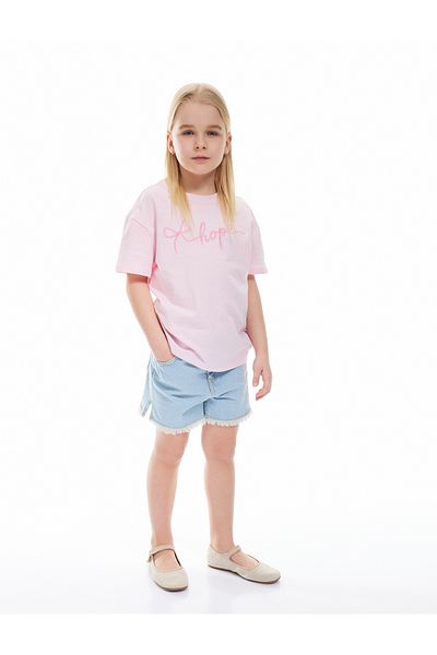 Koton Cotton Crew Neck Embroidered Short Sleeve Crop T-Shirt