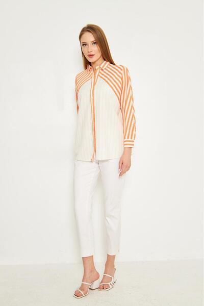 By Pommes Life Women's Garnished Striped Buttoned Oversize Cotton Shirt