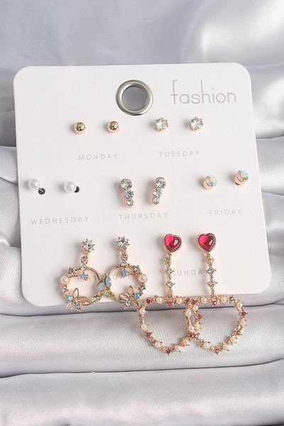 Skygo Brass Gold Color Zircon Stone Dangle Heart Figure 7 Pair Women Earrings Set - Tj-Bkp10163