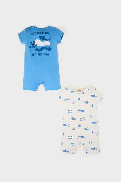 DeFacto Baby Boy Newborn Printed Combed Cotton 2-Piece Short Sleeve Jumpsuit E4017A525Hs