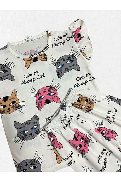 Fil Kids Girl's 100% Cotton White Colored Cats Patterned Short Sleeve Ruffled Shorts Summer Pajama Set