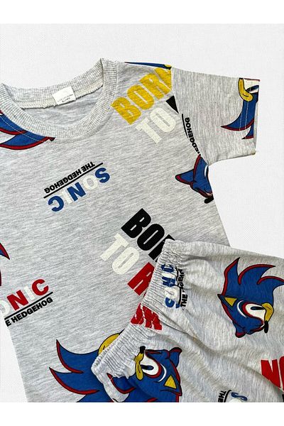 Fil Kids Chlapecká sada letních pyžama ze 100% bavlny v šedé barvě s krátkým rukávem a šortkami se vzorem Sonic