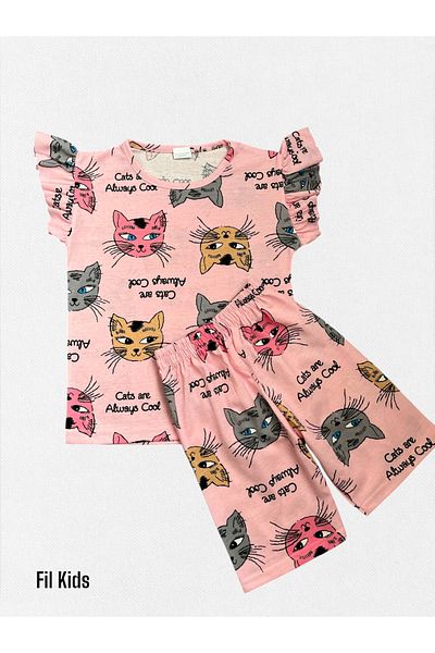 Fil Kids Girl's 100% Cotton Pink Colored Cats Patterned Short Sleeve Ruffle Shorts Summer Pajama Set